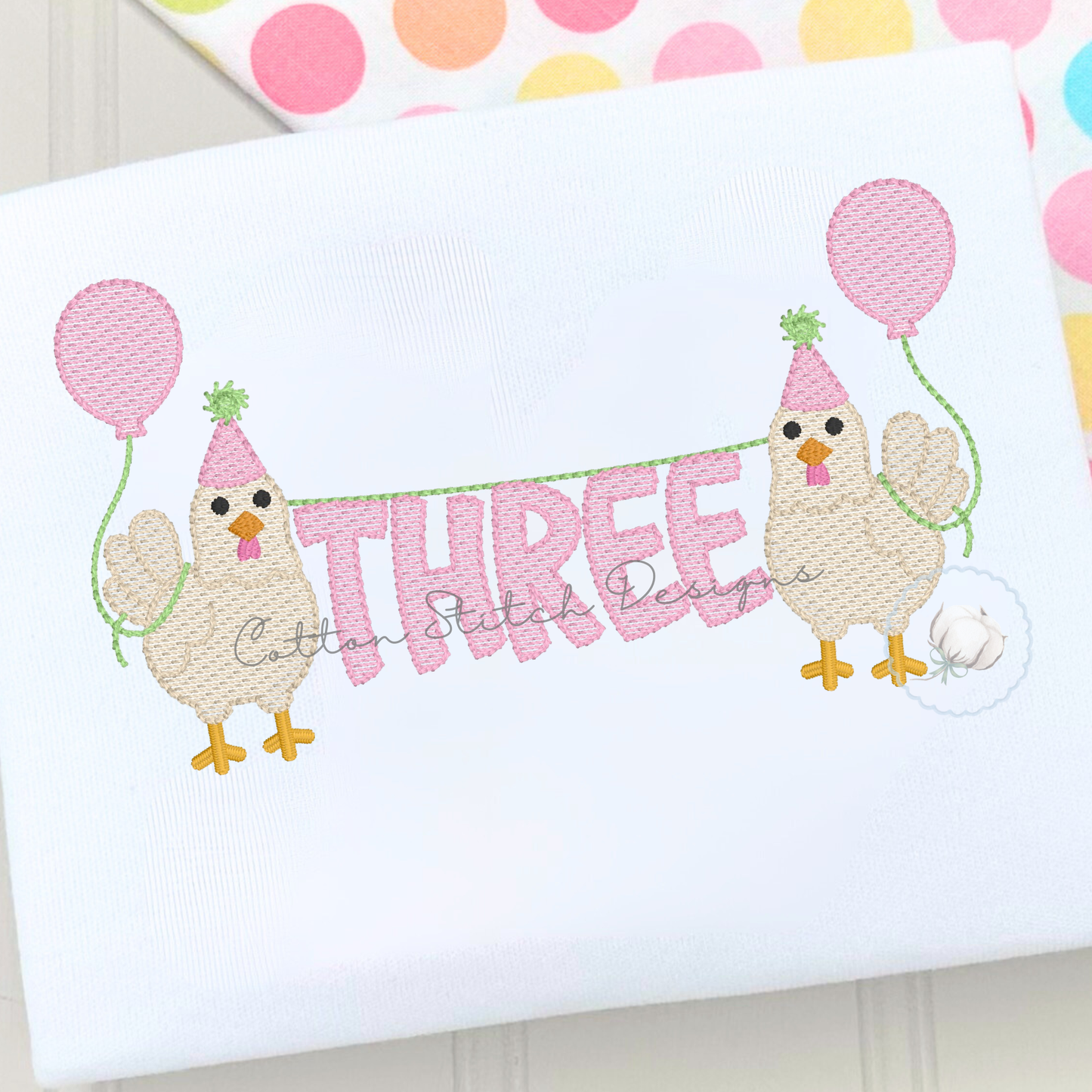 Chickens Holding Three Birthday Embroidery Design