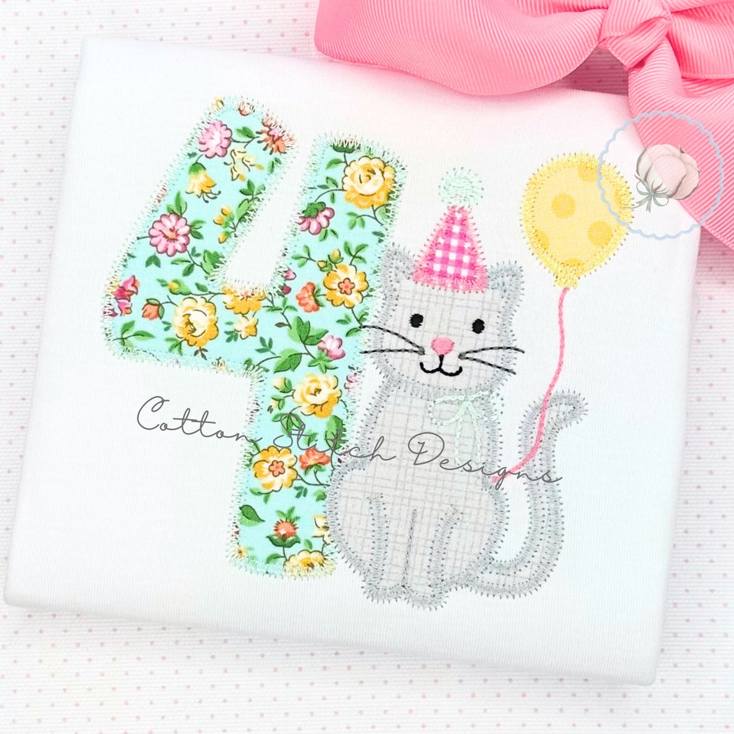 Birthday Kitten Four Zig Zag Applique Embroidery Design