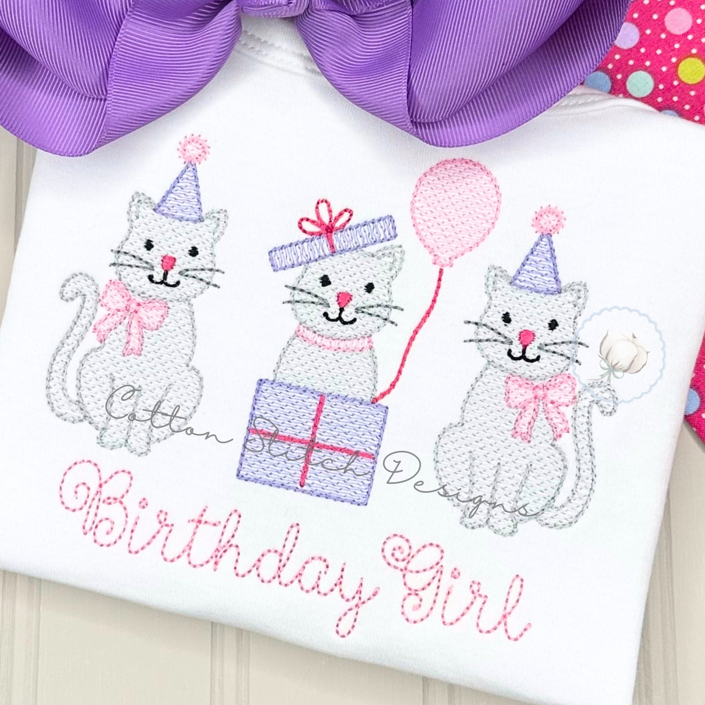 Birthday Kitten Girl Trio Embroidery Design