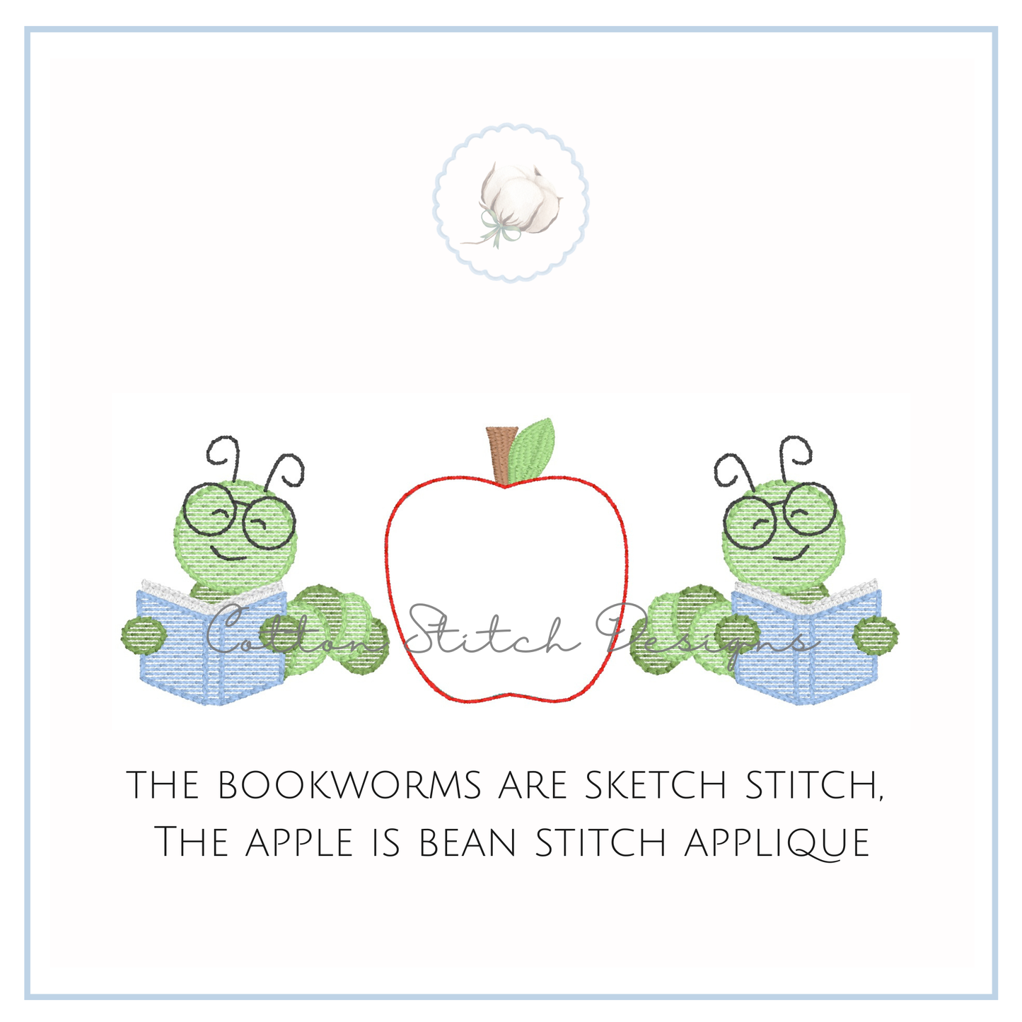 Bookworm Apple Bean Applique Embroidery Design