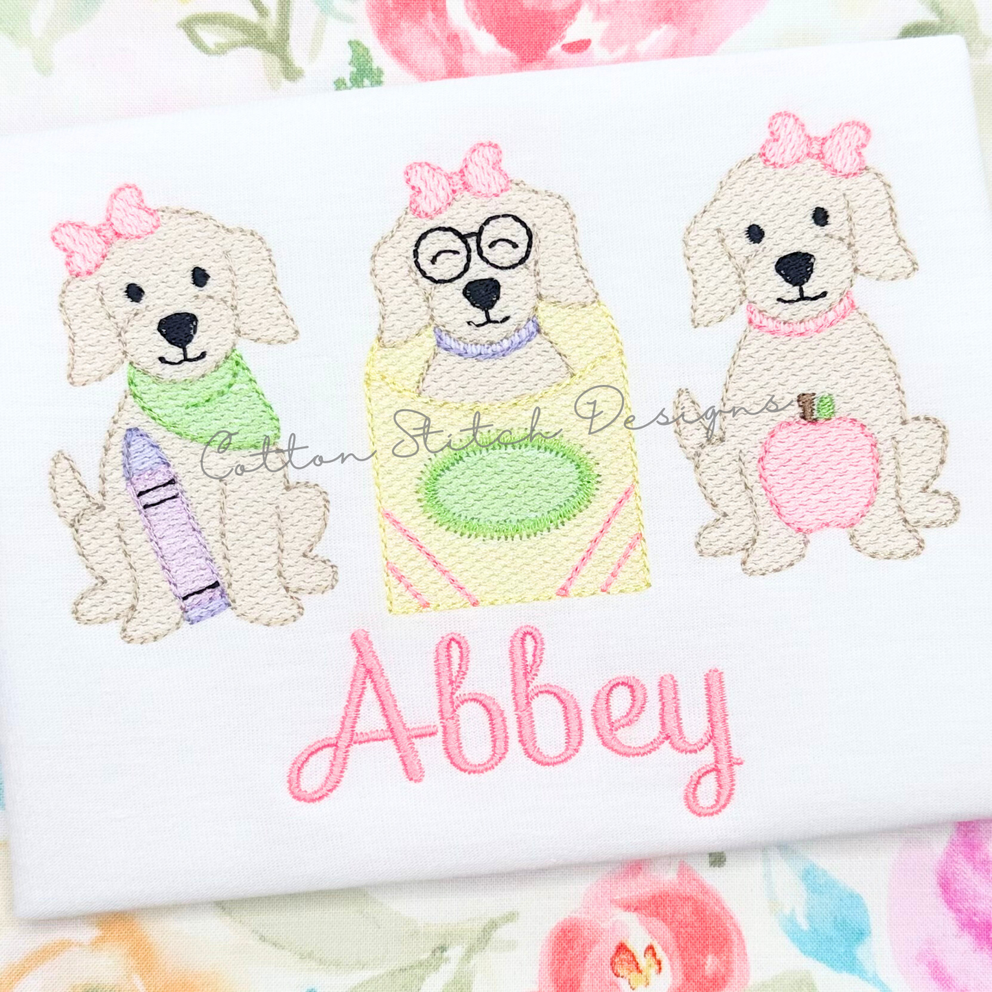 Back to School Girl Puppy Trio Embroidery Design