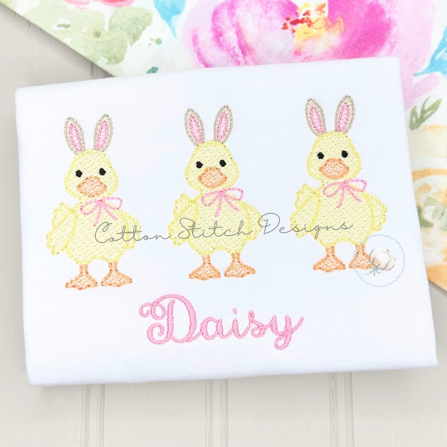 Cute Easter Yellow Duck Trio Sketch Embroidery Design