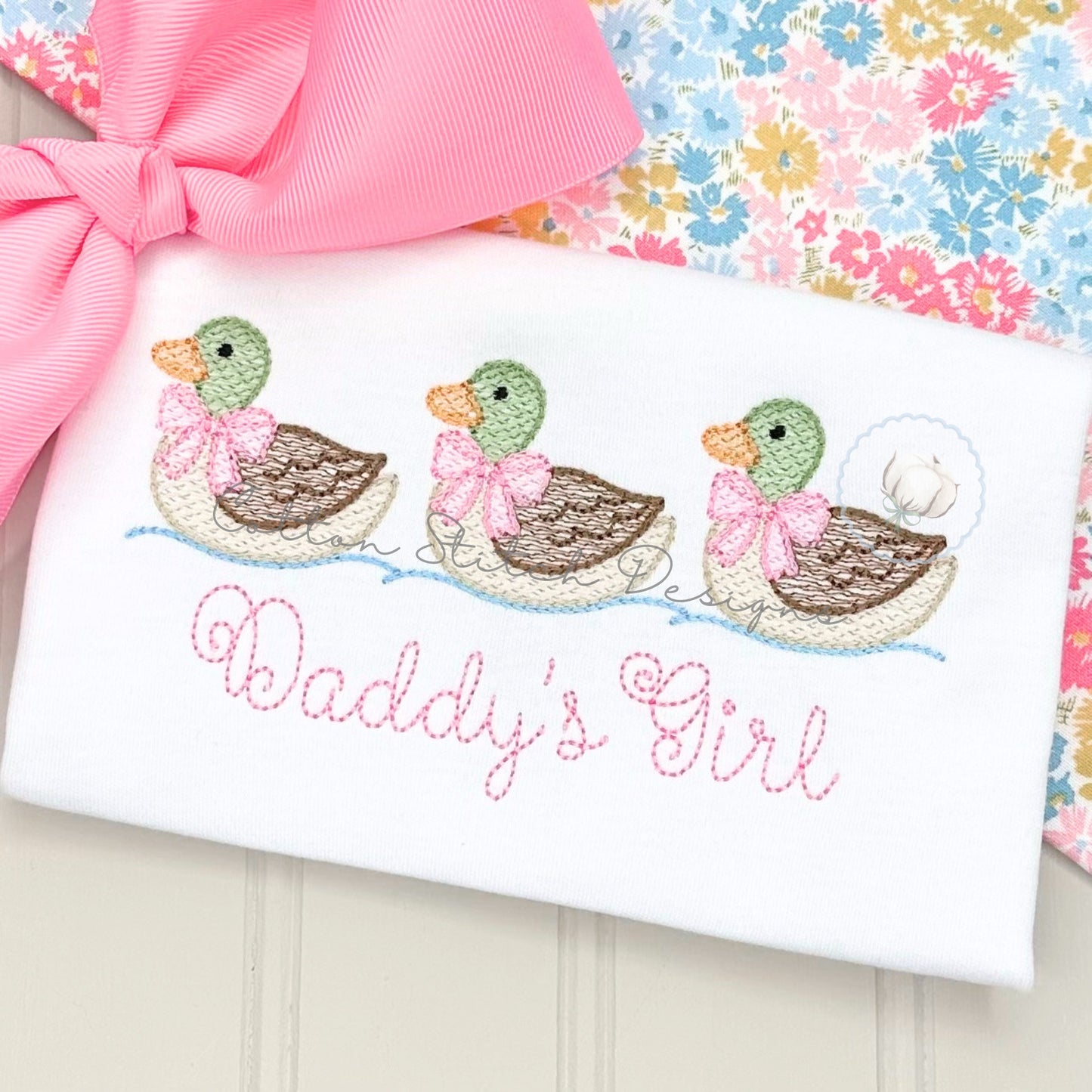 Girl Mallard Duck Trio with Bow Sketch Embroidery Design