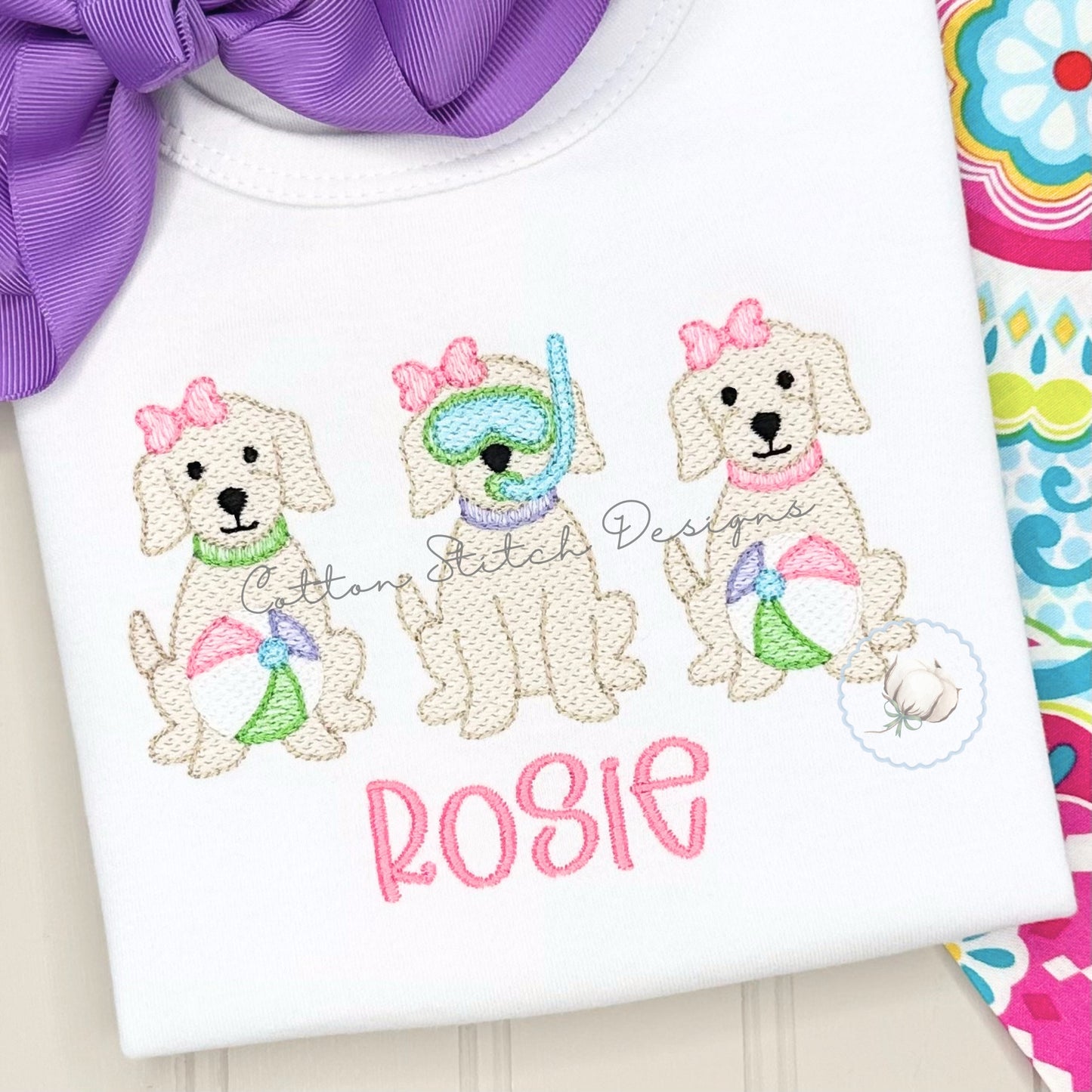 Pool Puppy Girl Trio Sketch Embroidery Design