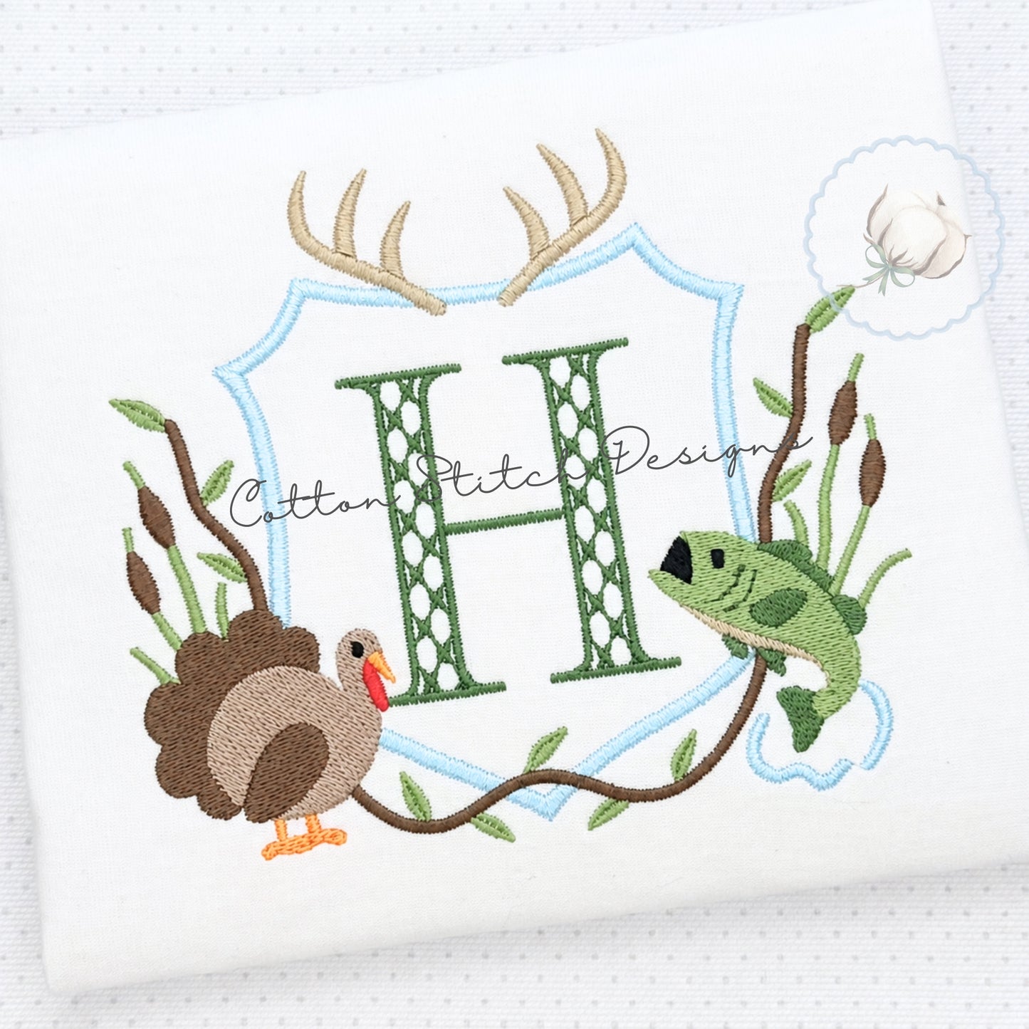 Turkey Bass Antler Monogram Crest Embroidery Design