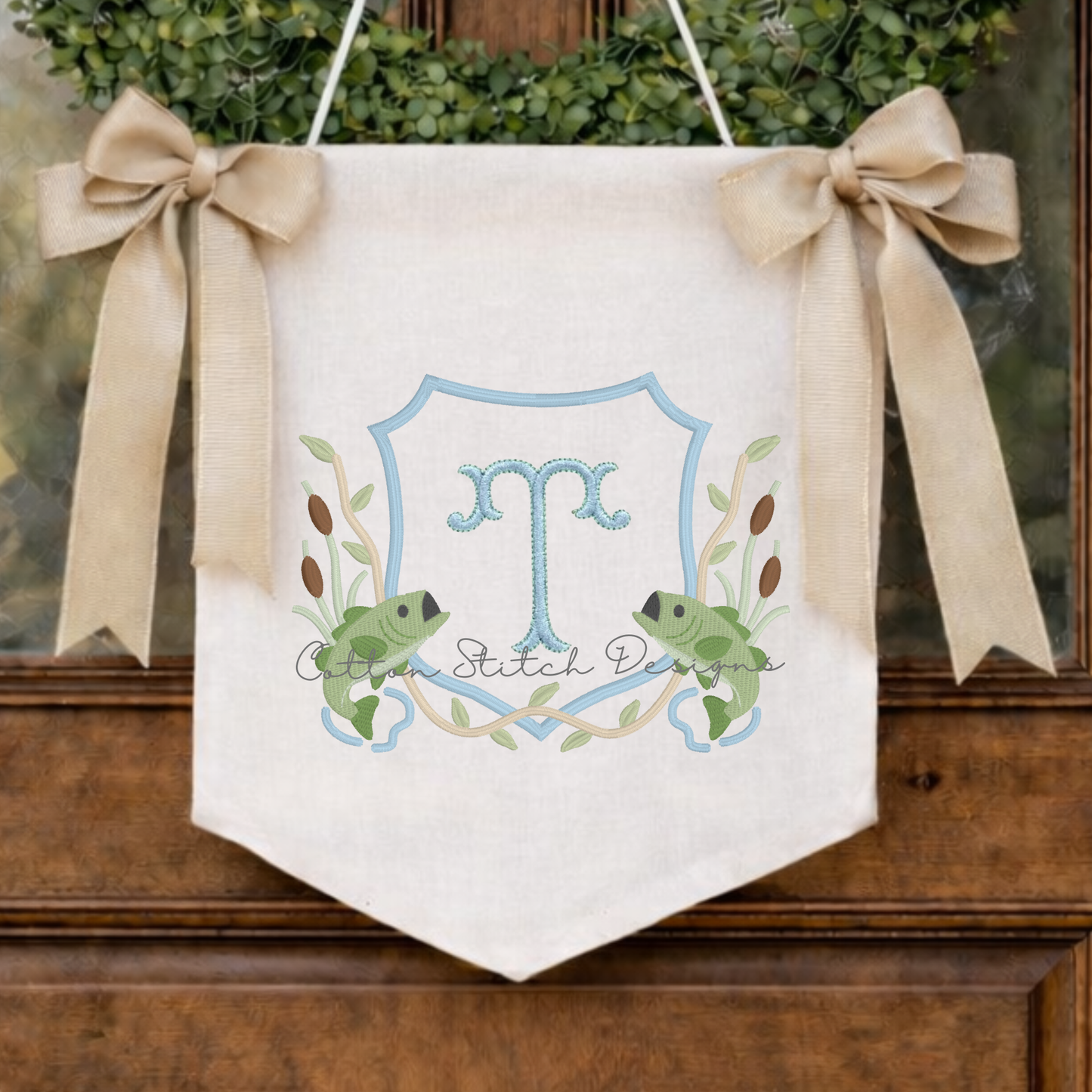 Bass Fishing Monogram Crest Embroidery Design