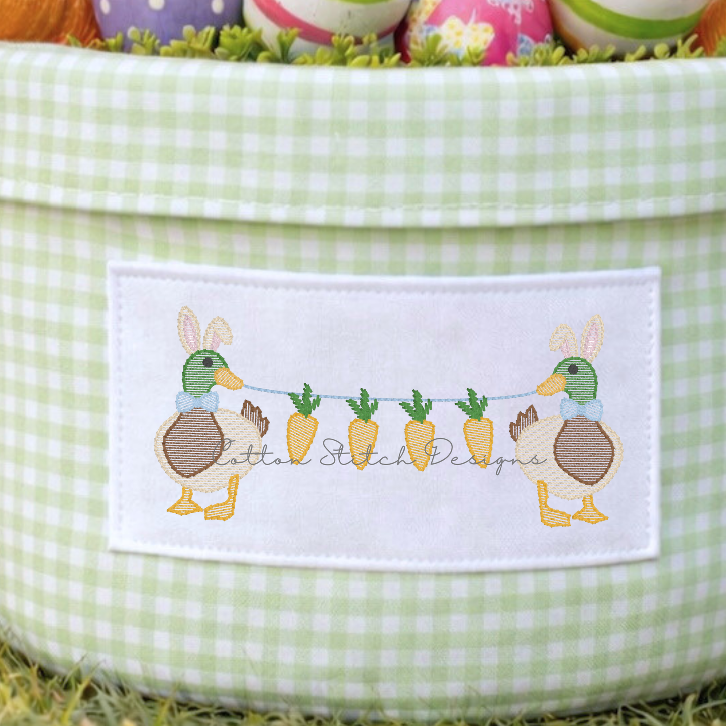 Easter Mallard Duck Bunny Ears with Carrots Embroidery Design