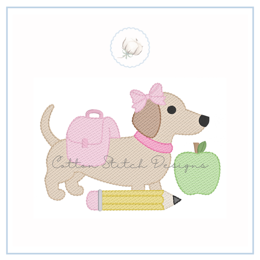 School Dachshund with Bow Sketch Embroidery Design