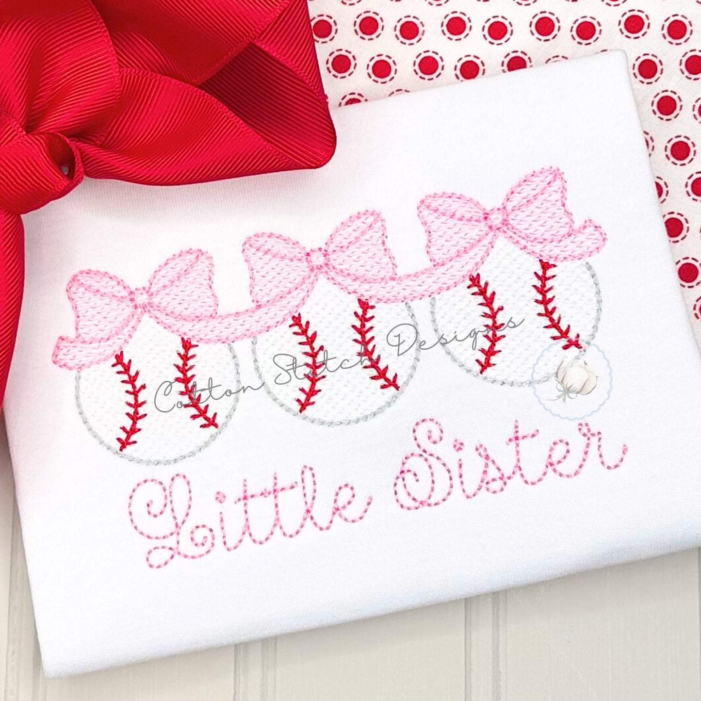 Baseball Bow Trio Sketch Embroidery Design
