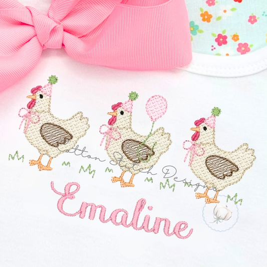 Birthday Hen Trio Sketch Embroidery Design
