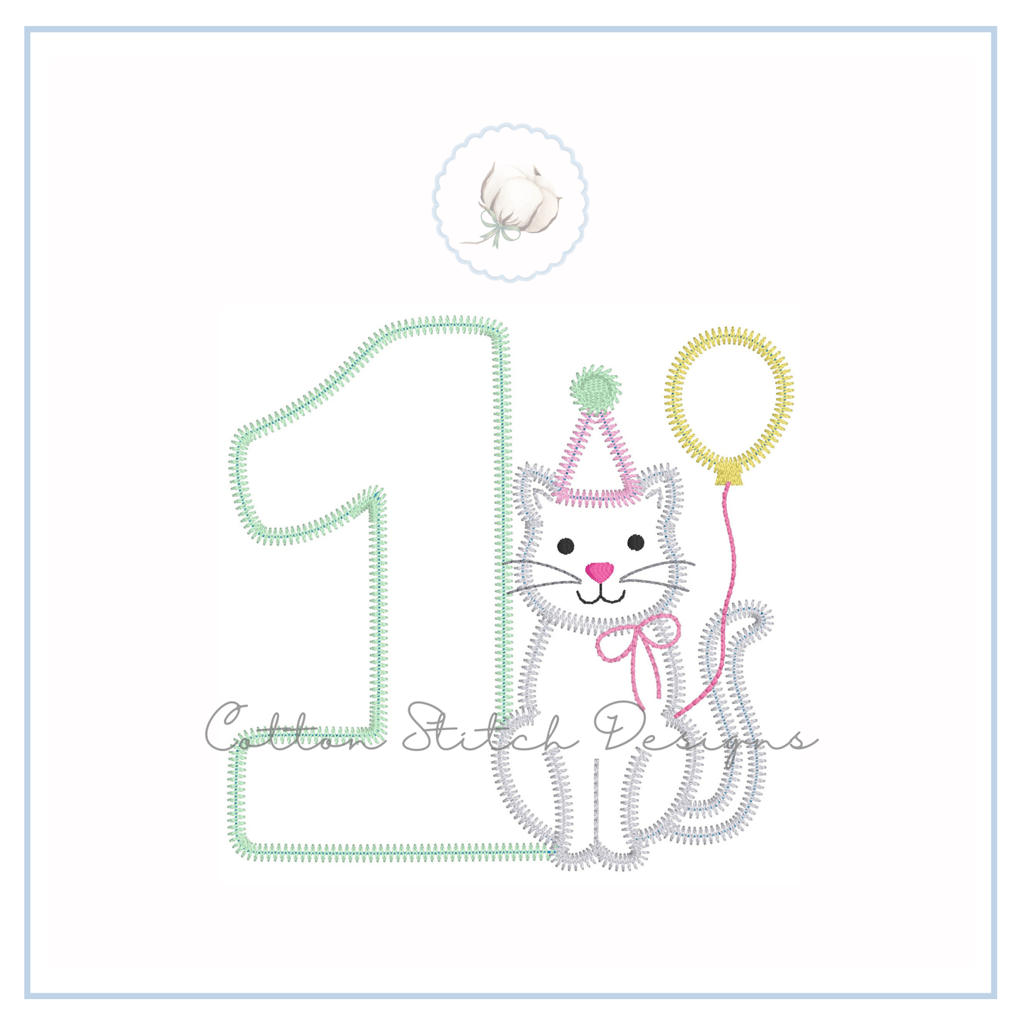 Birthday Kitten One Zig Zag Applique Embroidery Design