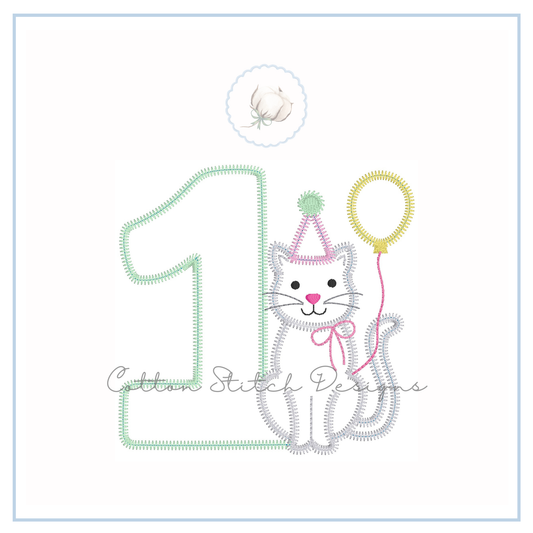Birthday Kitten One Zig Zag Applique Embroidery Design