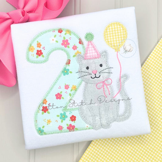 Birthday Kitten Two Zig Zag Applique Embroidery Design