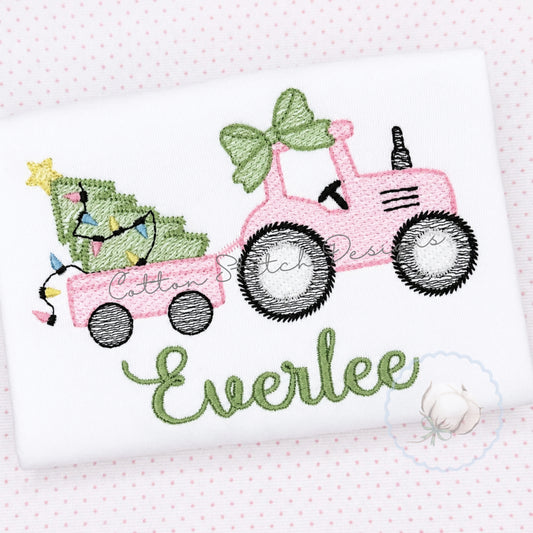 Christmas Farm Tractor with Bow Embroidery Design