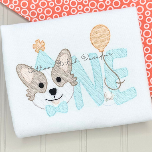 Corgi Puppy Birthday One  Embroidery Design