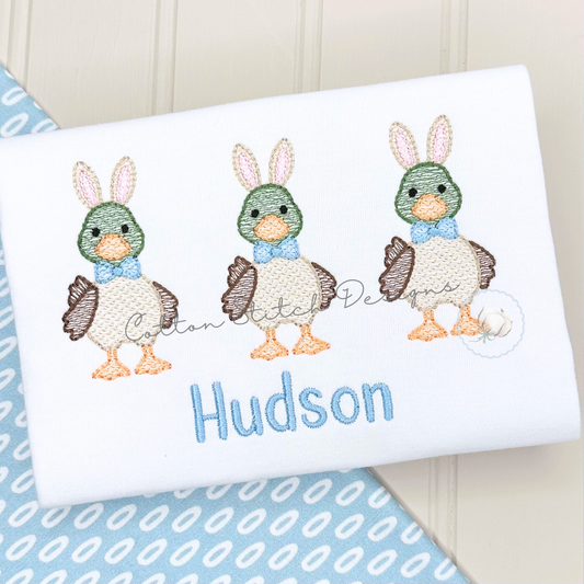 Cute Easter Mallard Duck Trio Sketch Embroidery Design