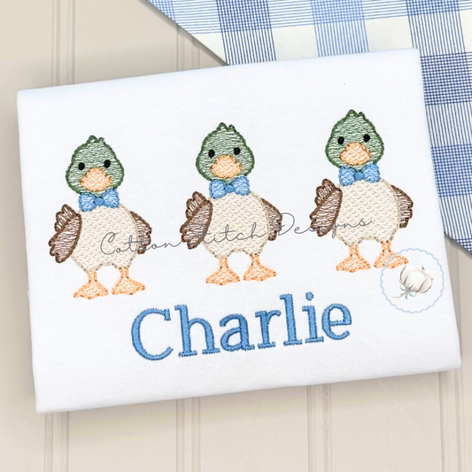 Cute Mallard Duck with Bow Tie Trio Sketch Embroidery Design