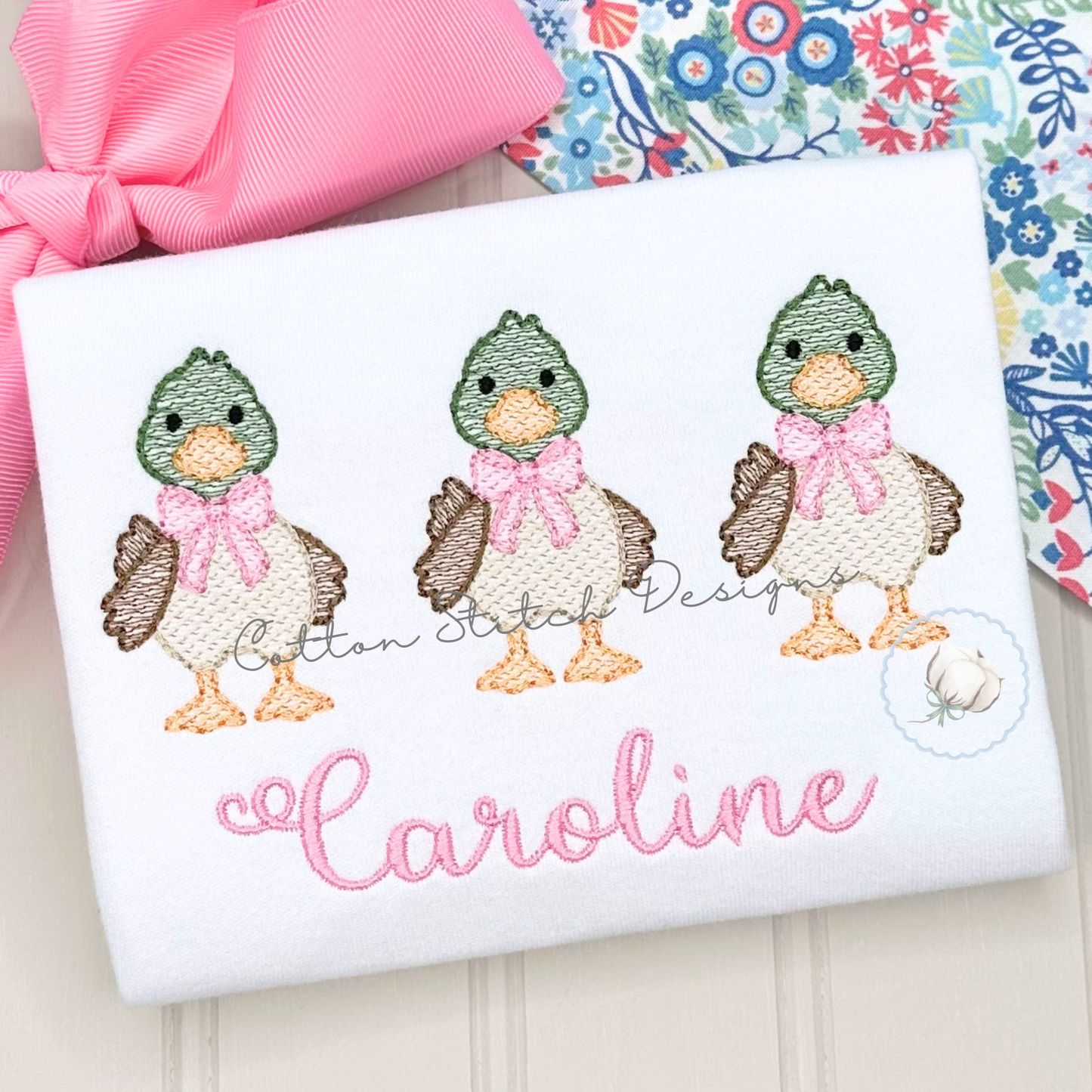 Cute Mallard Duck with Bow Trio Sketch Embroidery Design