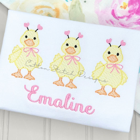 Cute Valentine Yellow Duck Trio Sketch Embroidery Design