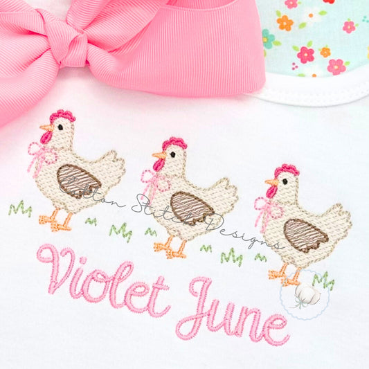 Farm Hen Chicken Trio Sketch Embroidery Design
