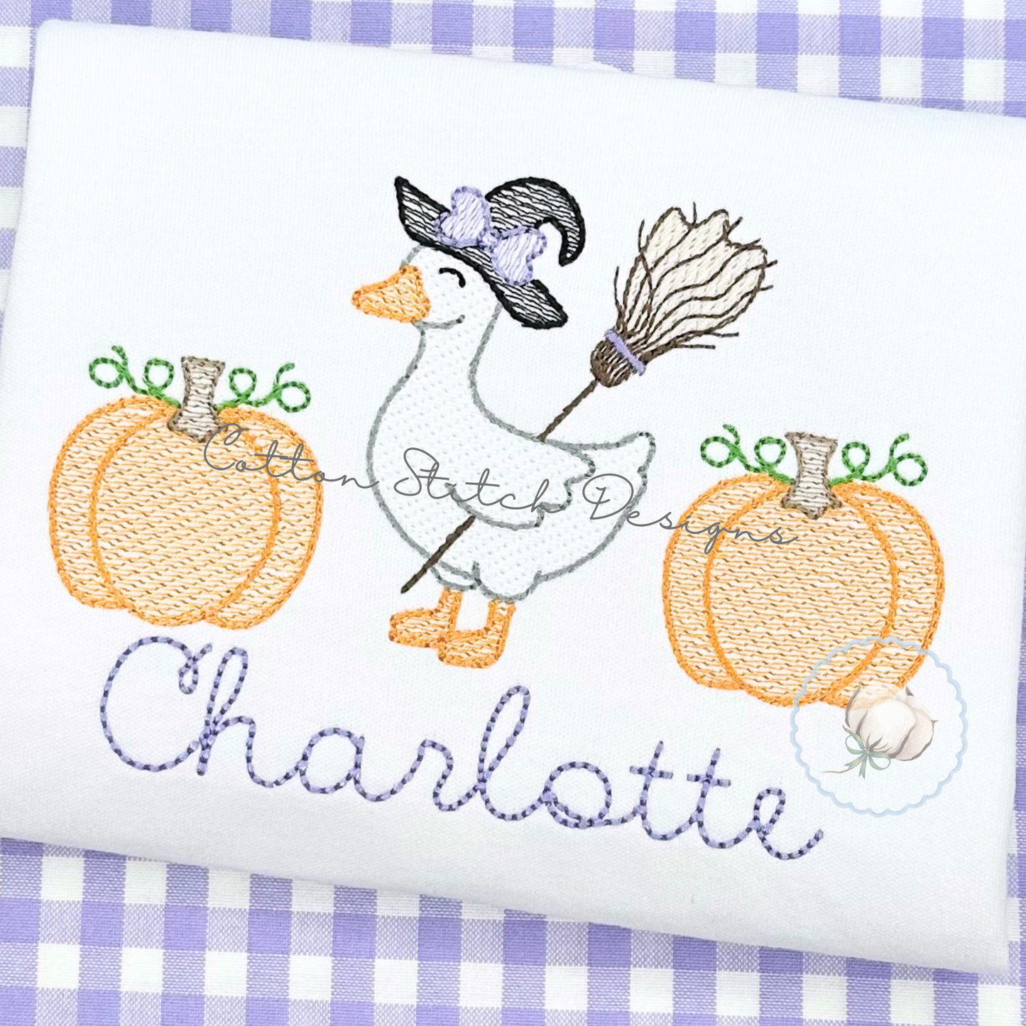 Goose Witch with Pumpkins Sketch Embroidery Design