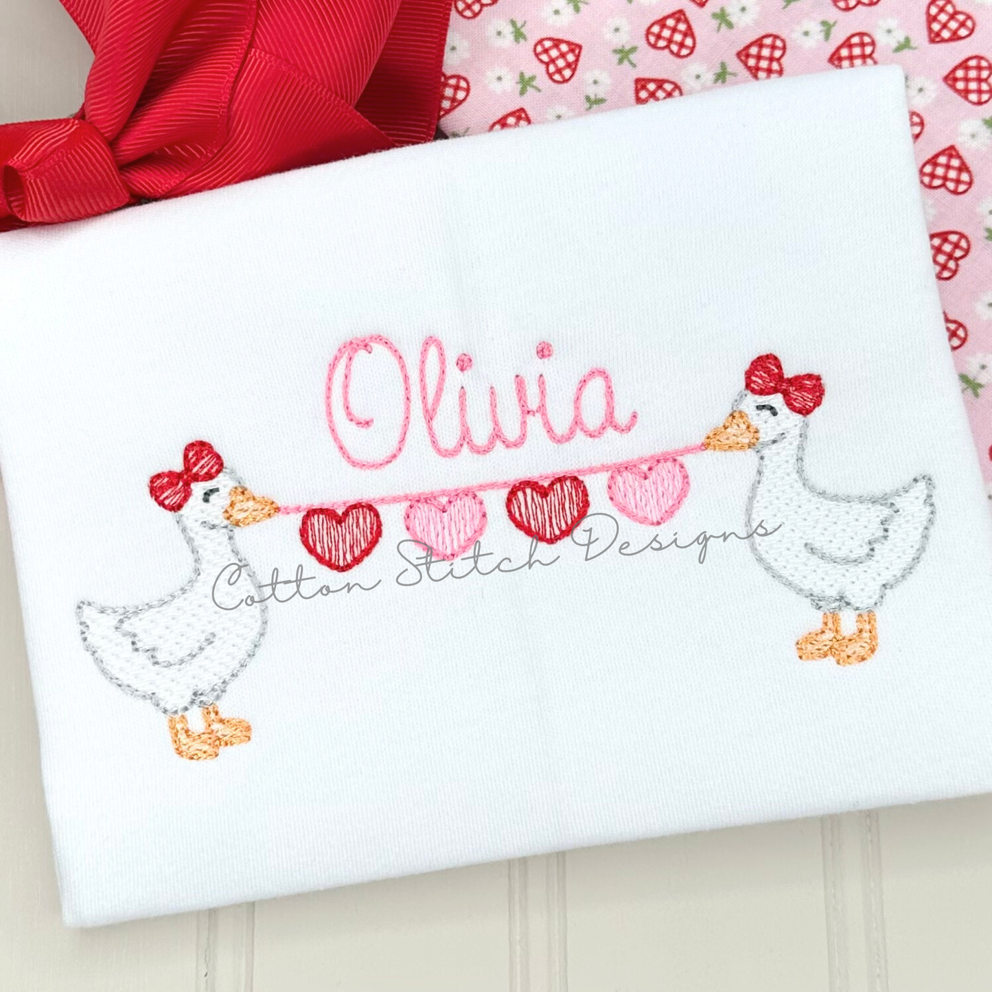 Goose Holding Hearts Sketch Embroidery Design