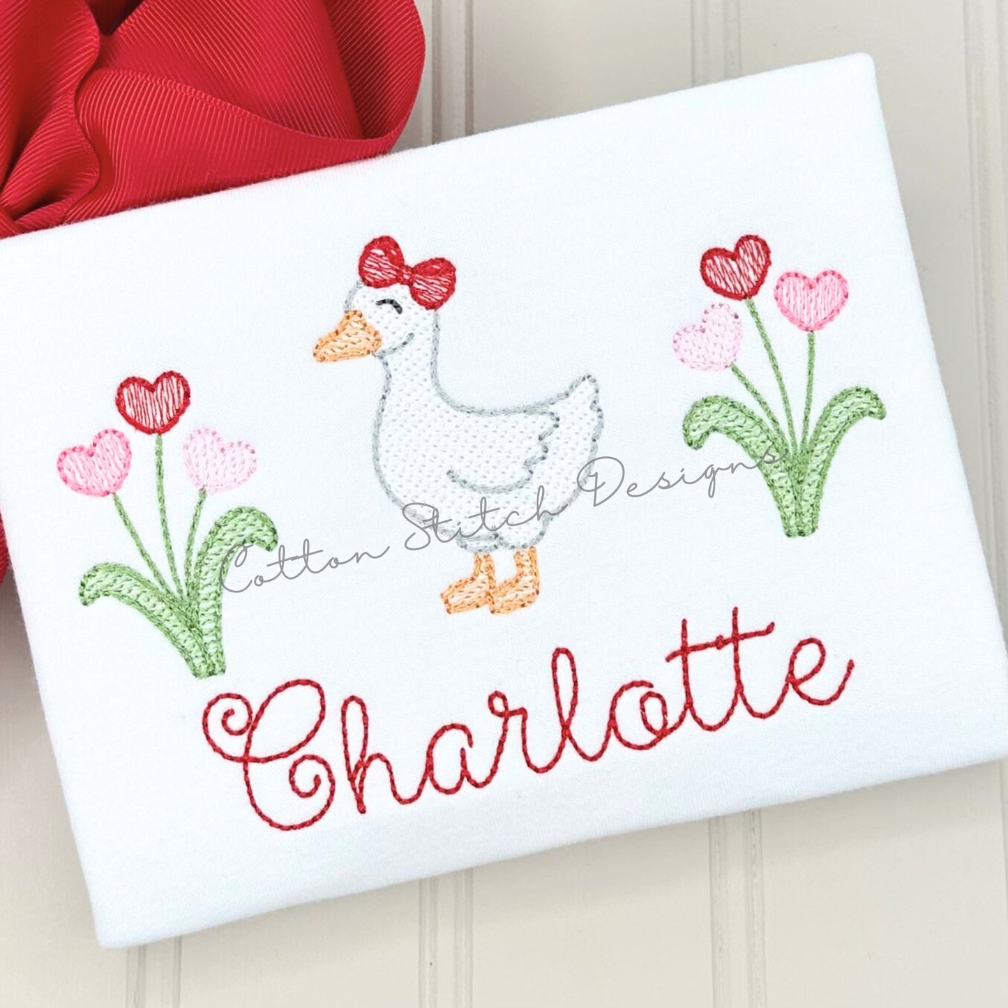 Goose with Heart Flowers Sketch Embroidery Design