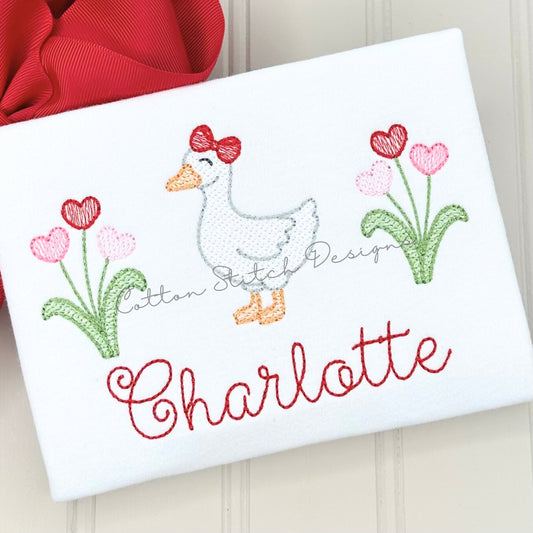 Goose with Heart Flowers Sketch Embroidery Design