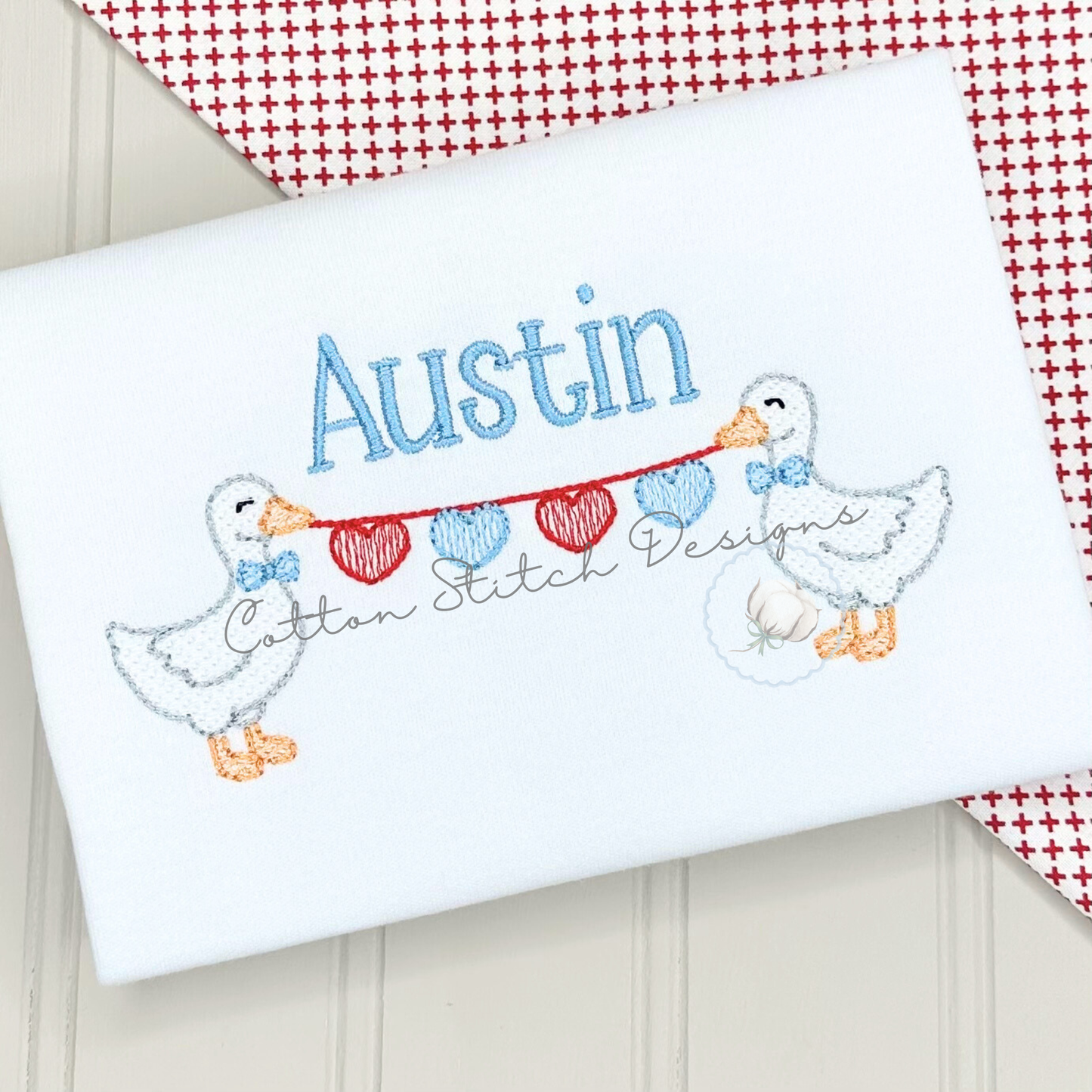 Goose Bow Tie Holding Hearts Sketch Embroidery Design
