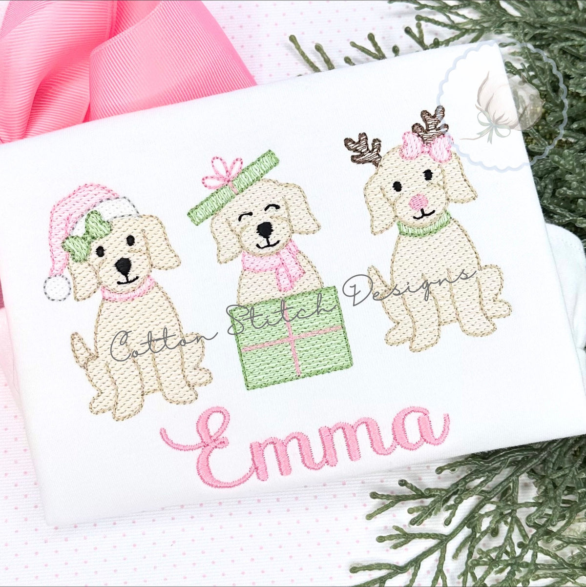Christmas Girl Puppy Trio Embroidery Design