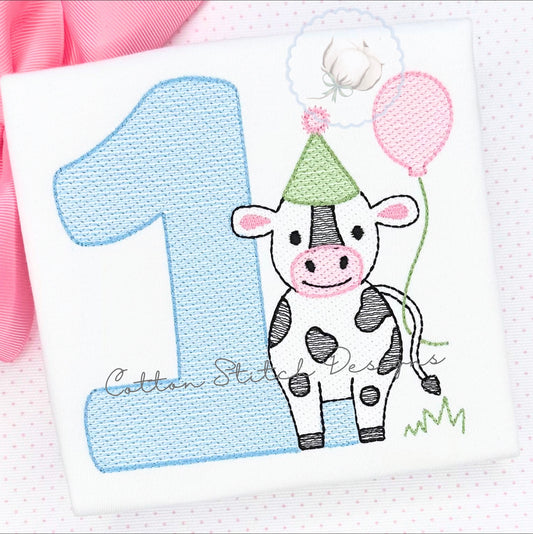 Party Cow Number One Sketch Embroidery Design