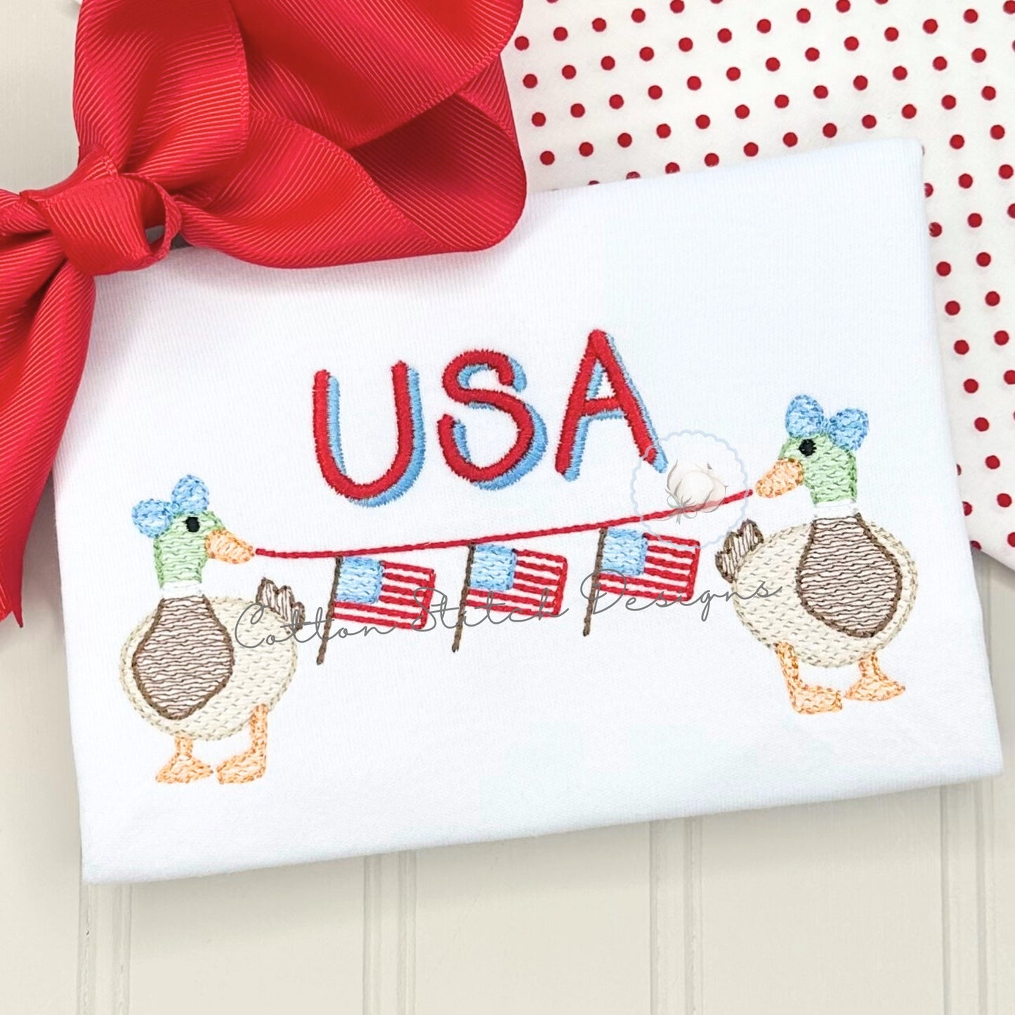Patriotic Mallards with Bow Holding Flags Embroidery Design