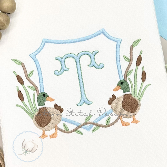 Mallard Duck Monogram Crest Embroidery Design