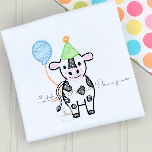 Mini Cow Birthday Sketch Embroidery Design