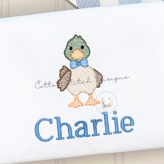 Mini Cute Mallard Duck with Bow Tie Sketch Embroidery Design