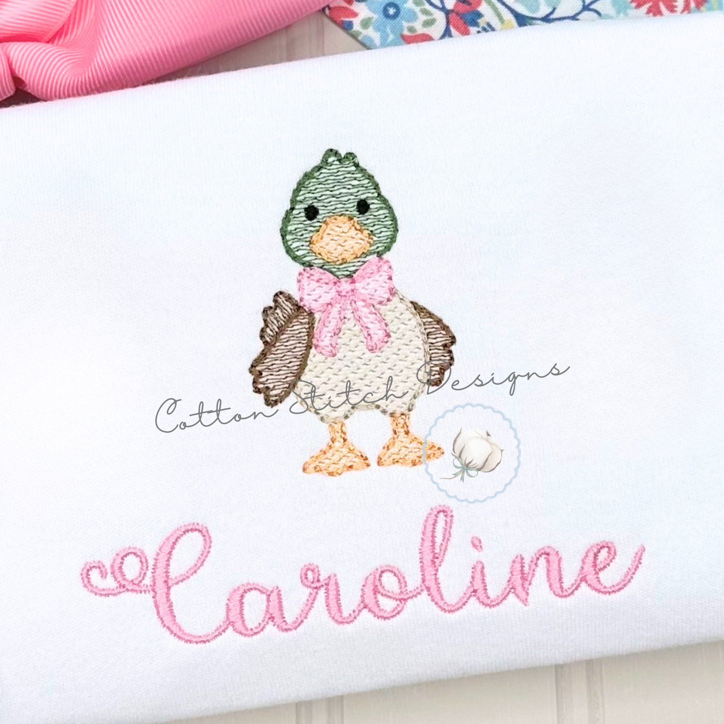 Mini Cute Mallard Duck with Bow Sketch Embroidery Design