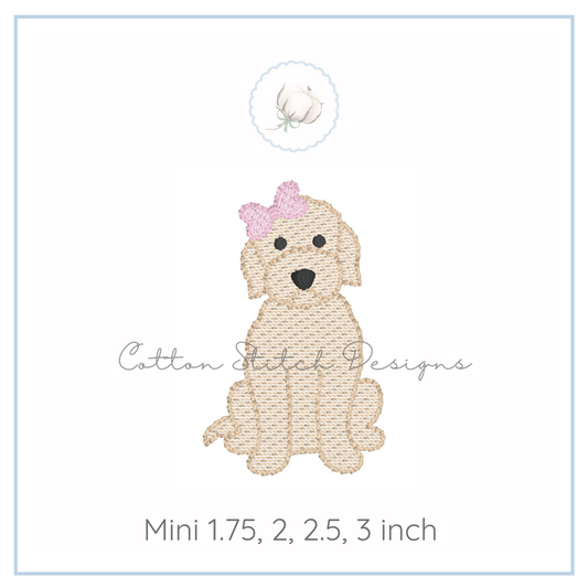 Mini Golden Doodle Girl Puppy with Bow Embroidery Design