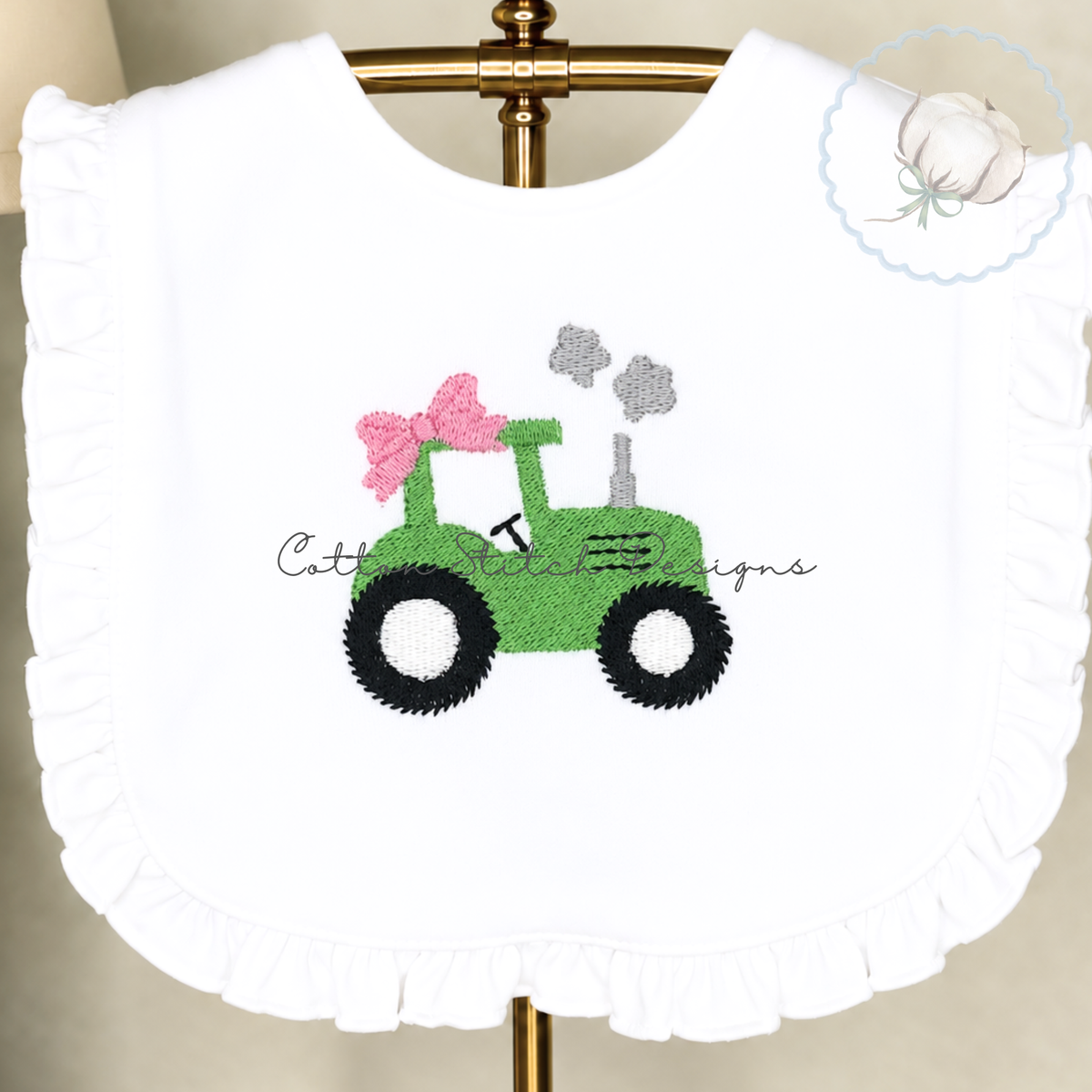 Mini Tractor with Bow Fill Stitch Embroidery Design