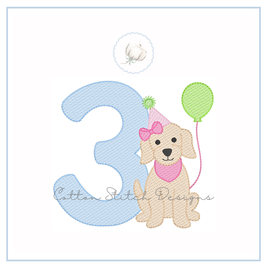 Party Puppy Girl Number Three Embroidery Design