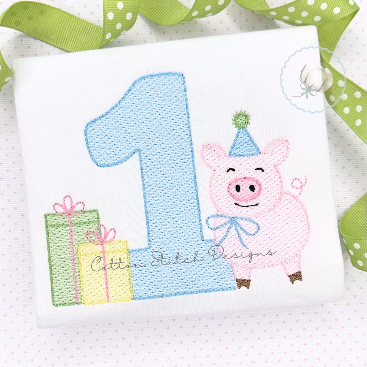 Pig Birthday Number One Sketch Embroidery Design