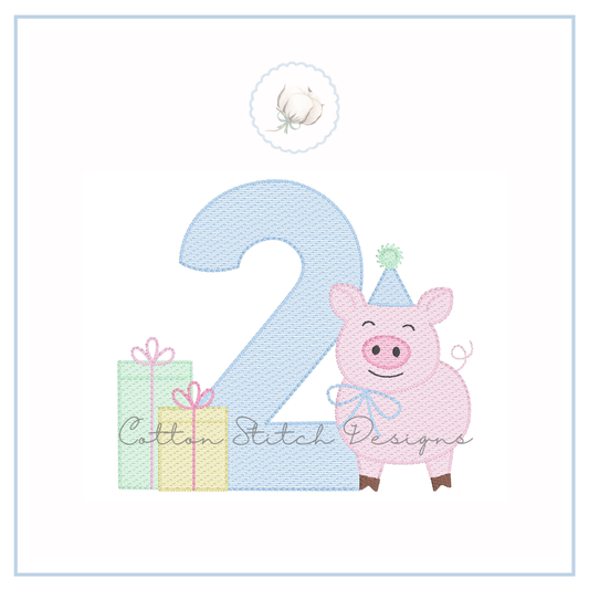Pig Birthday Number Two Sketch Embroidery Design