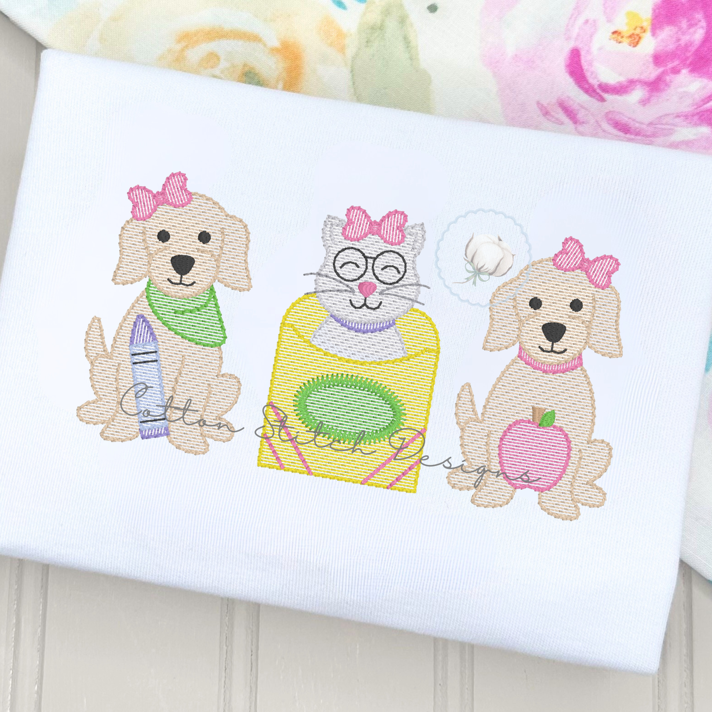 School Puppy & Kitten Girl Trio Design