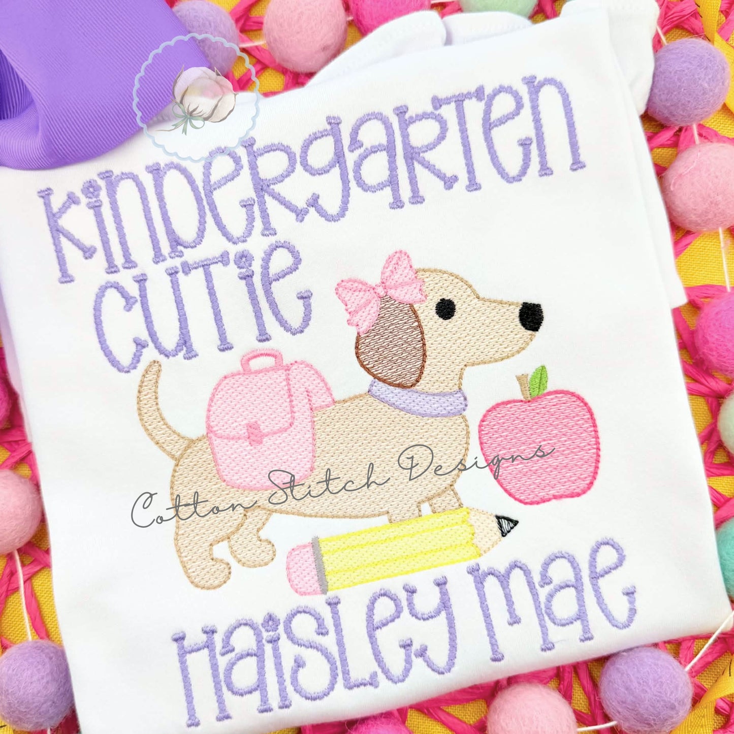 School Dachshund with Bow Sketch Embroidery Design