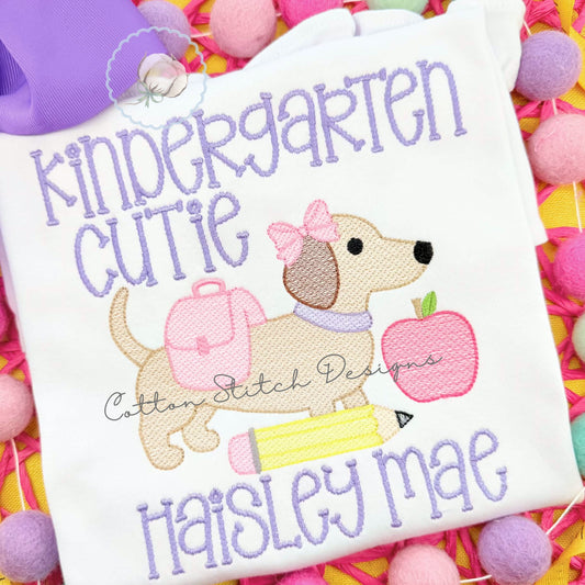 School Dachshund with Bow Sketch Embroidery Design
