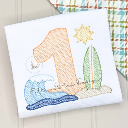 Surf's Up Birthday One Sketch Embroidery Design