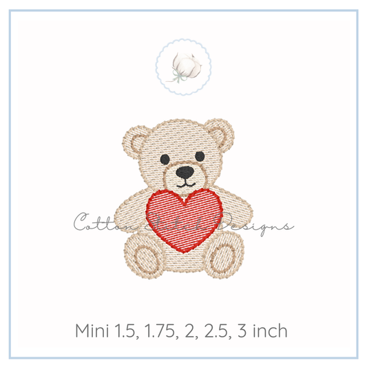 Mini Teddy Bear with Heart Embroidery Design