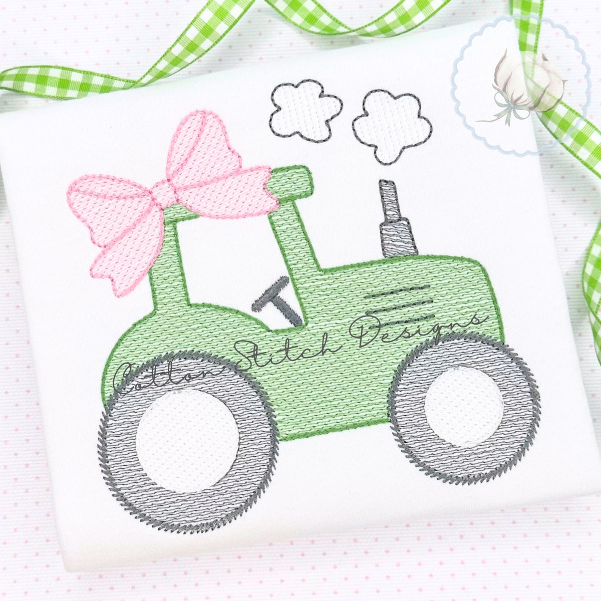 Farm Tractor with Bow Sketch Embroidery Design