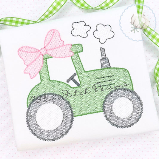 Farm Tractor with Bow Sketch Embroidery Design