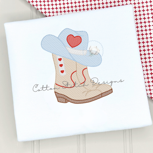 Cowboy Boots and Heart Hat Sketch Embroidery Design