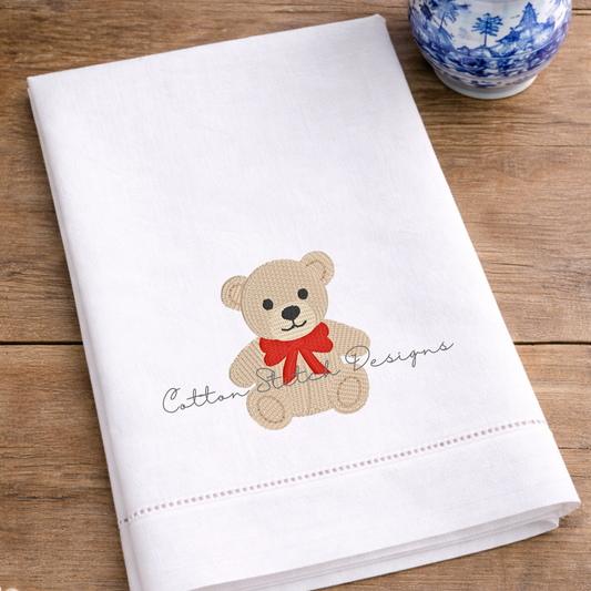 Mini Teddy Bear with Bow Fill Stitch Embroidery Design